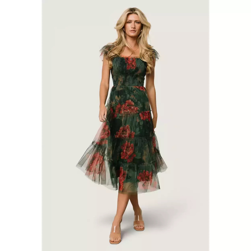 Baltic Born Clementine Tulle Midi Dress | Dark Green Floral Size XL